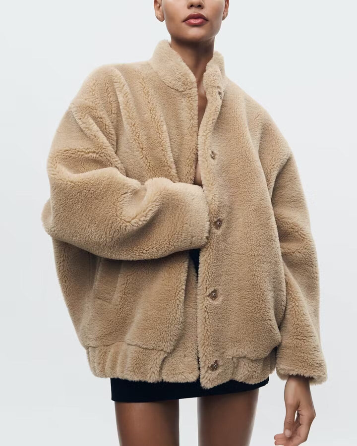 Women's Plus Size Oversized Beige Teddy Bear Jacket