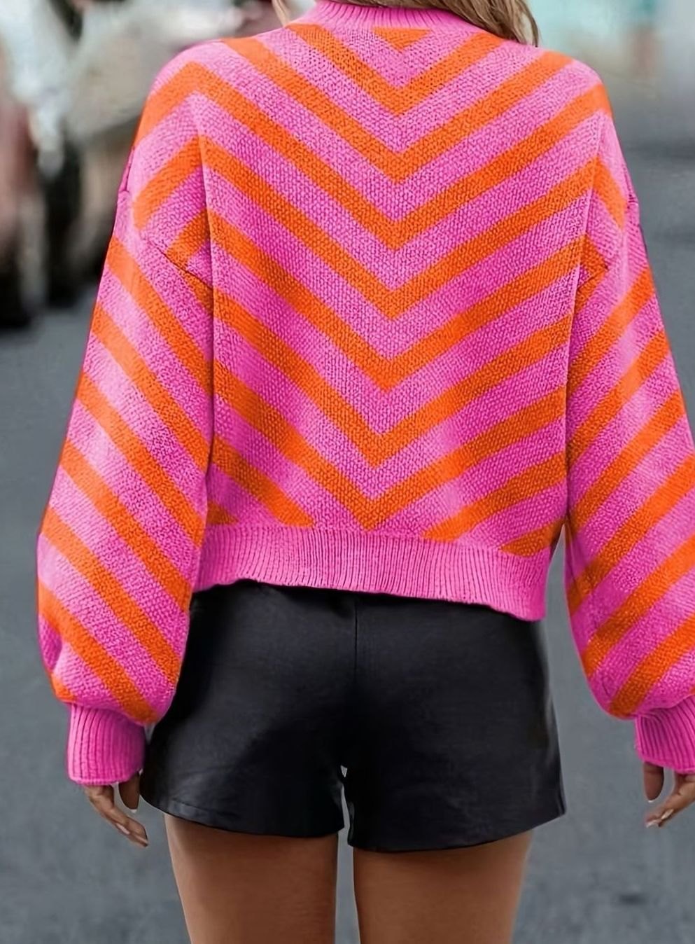 Women's Chevron Striped Puff Sleeve Sweater