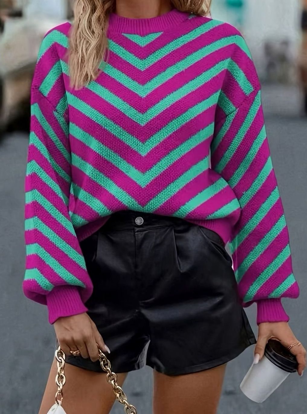 Women's Chevron Striped Puff Sleeve Sweater