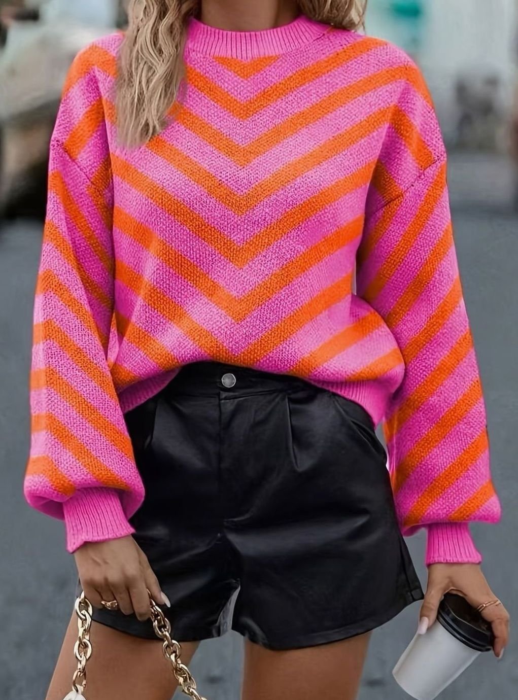 Women's Chevron Striped Puff Sleeve Sweater