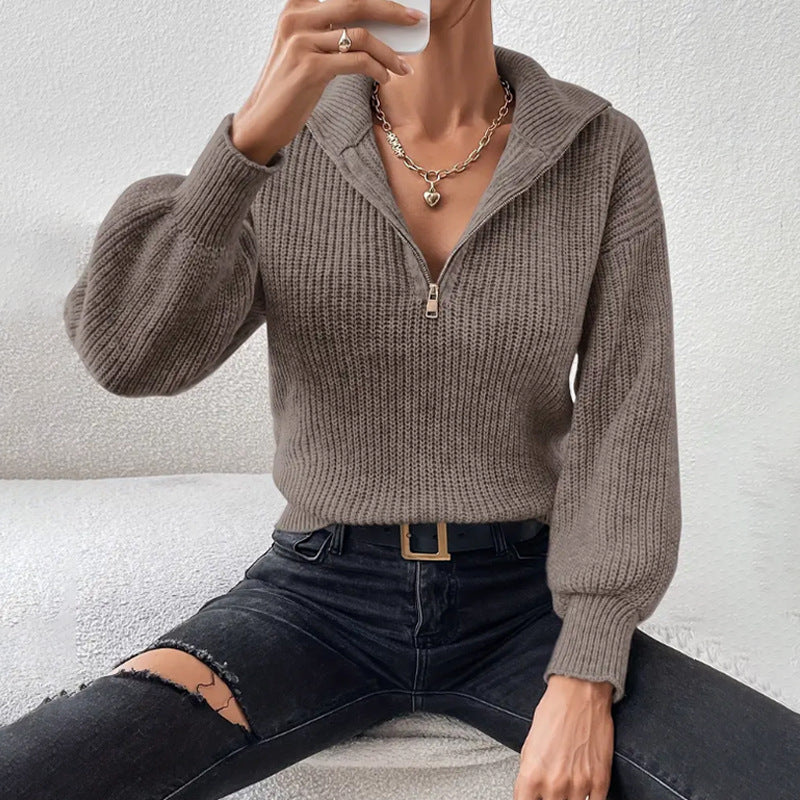 Women's Collared Half Zip Chunky Knit Sweater