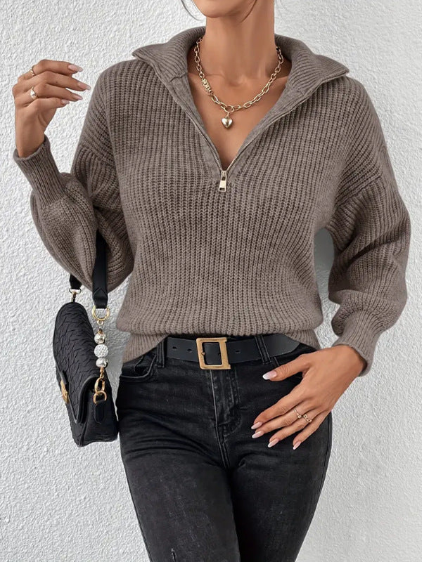 Women's Collared Half Zip Chunky Knit Sweater