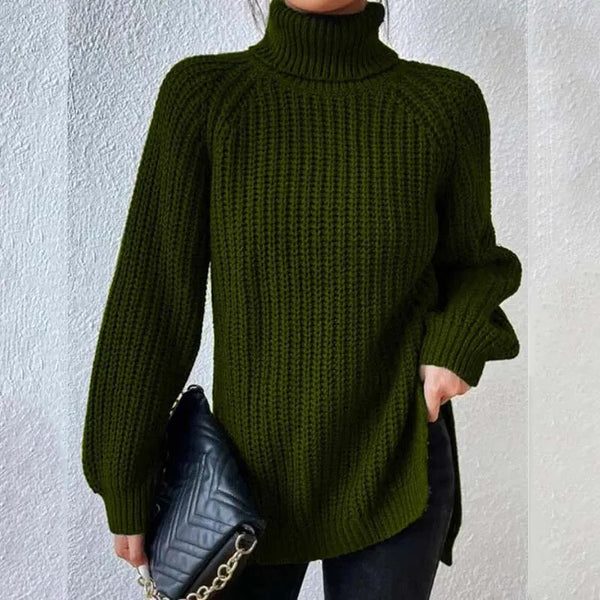 Women's Longline Ribbed Turtleneck Side Slit Sweater