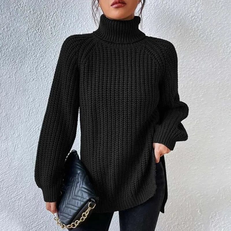 Women's Longline Ribbed Turtleneck Side Slit Sweater