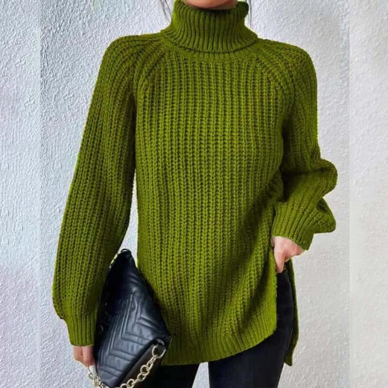 Women's Longline Ribbed Turtleneck Side Slit Sweater