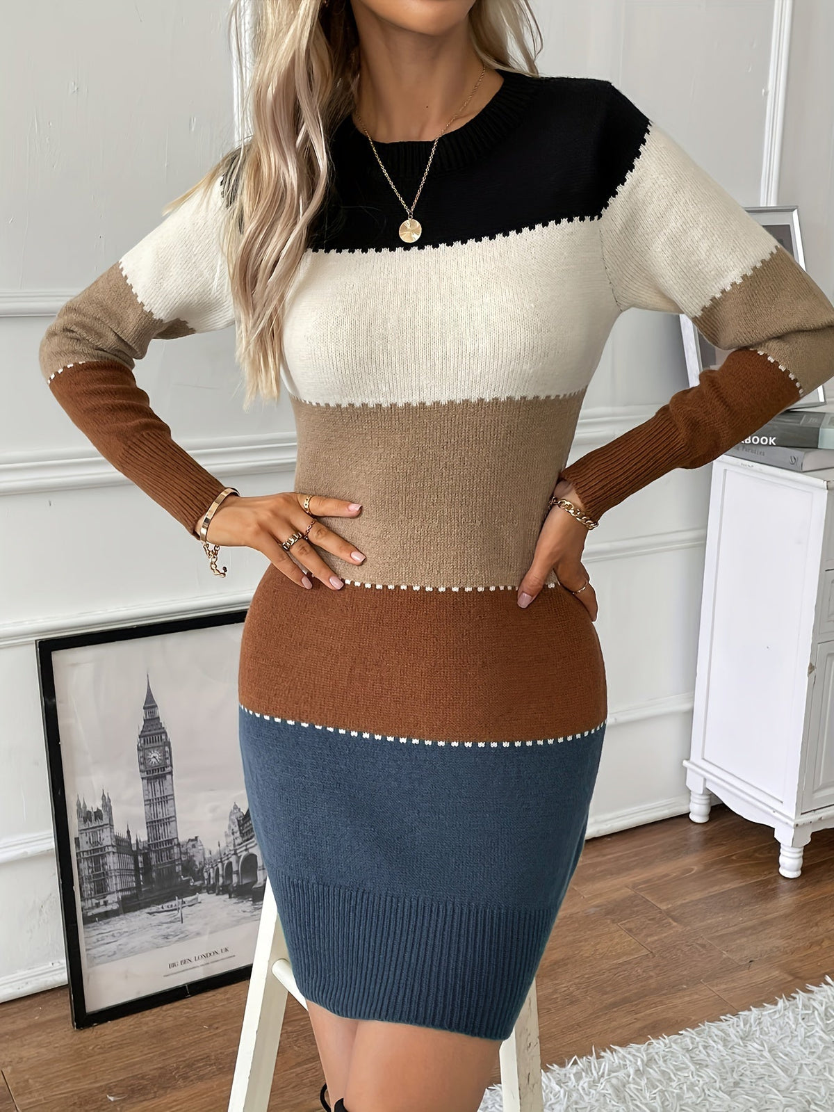 Women's Colorblock Patchwork Knit Sheath Dress