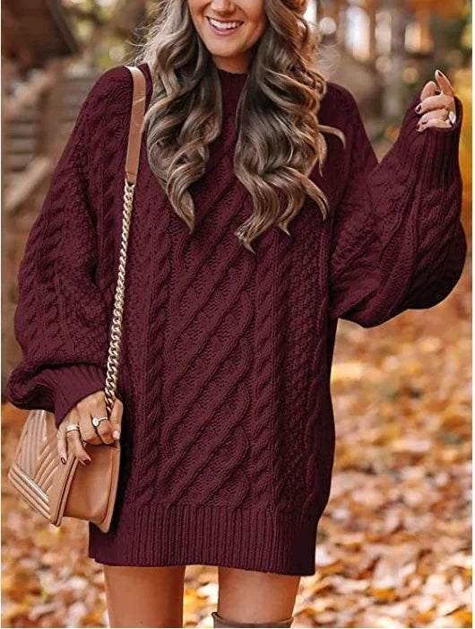 Women's Plus Size Bubble Sleeve Cable Knit Sweater Dress