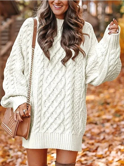 Women's Plus Size Bubble Sleeve Cable Knit Sweater Dress