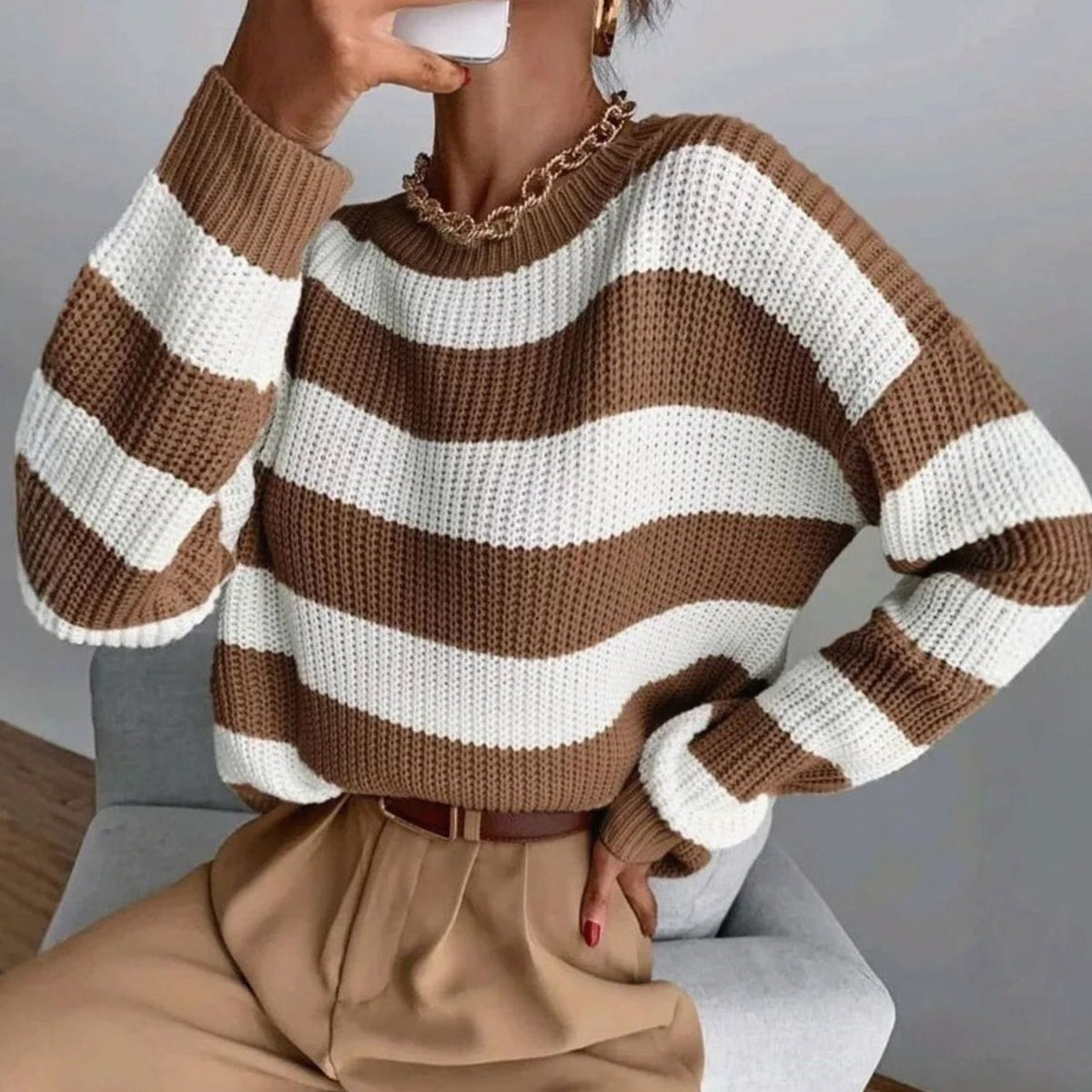 Women's Two Tone Striped Crewneck Sweater