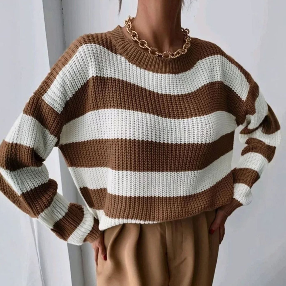 Women's Two Tone Striped Crewneck Sweater