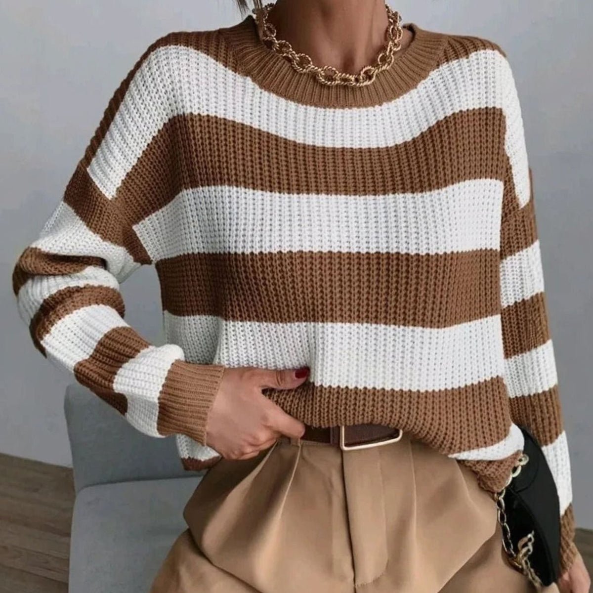 Women's Two Tone Striped Crewneck Sweater
