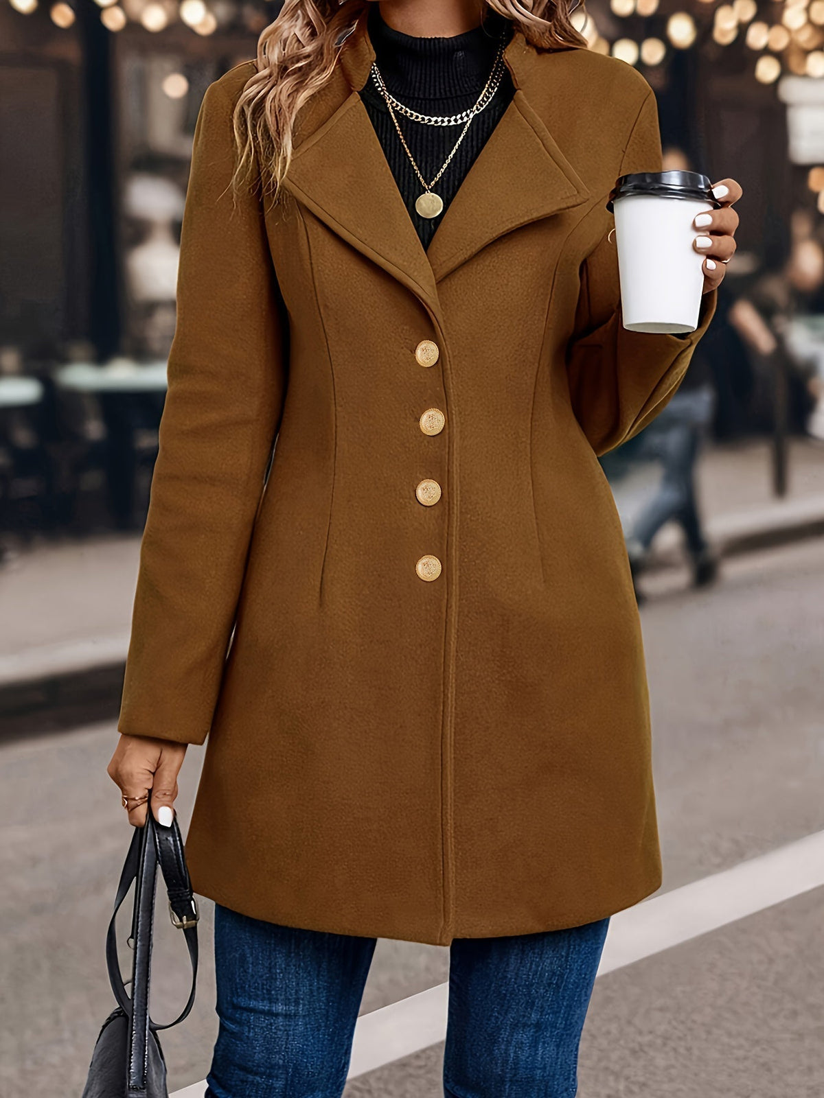 Women's Gold Button Military Style Swing Coat