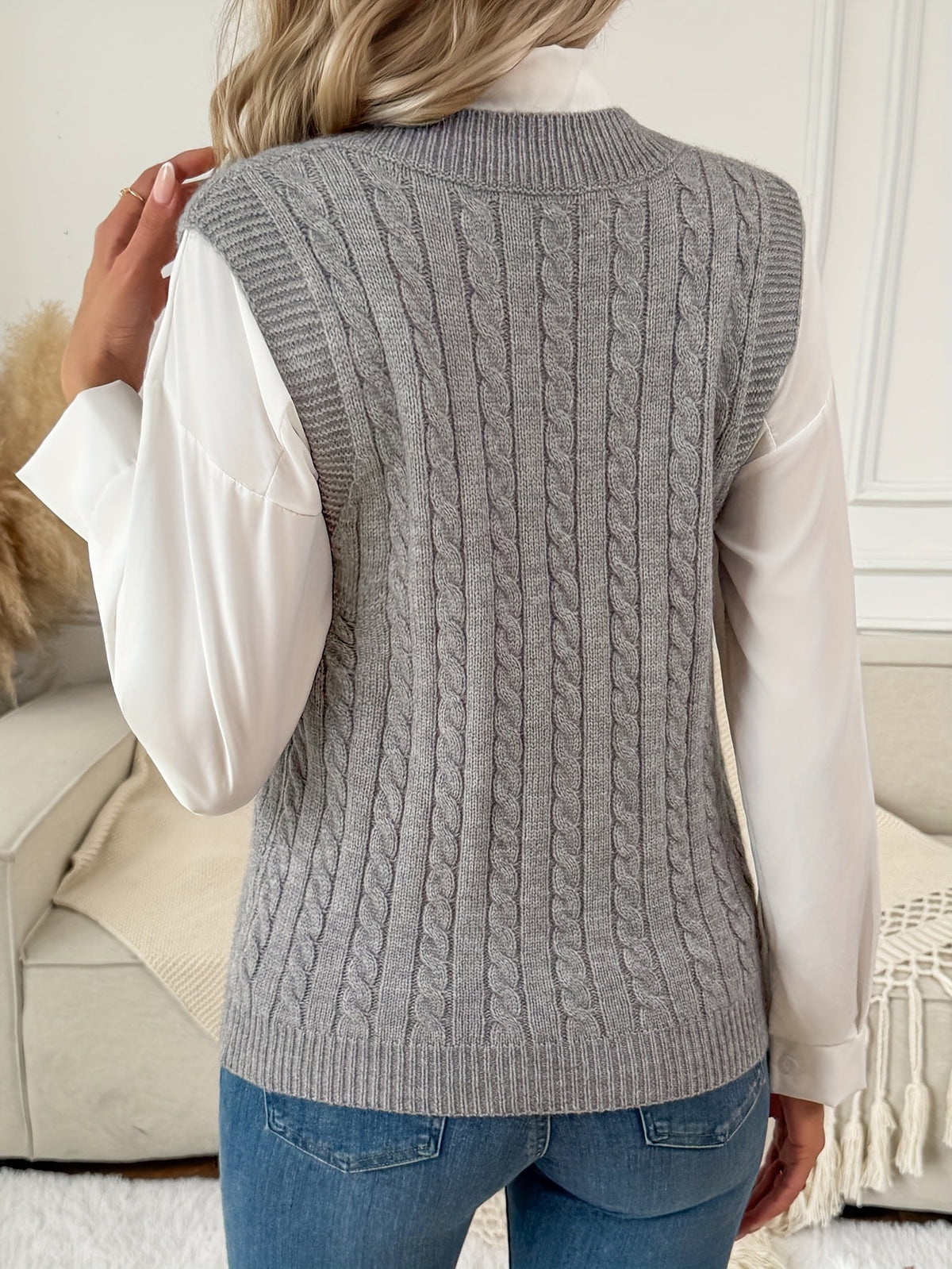 Women's Gray Cropped V Neck Cable Sweater Vest