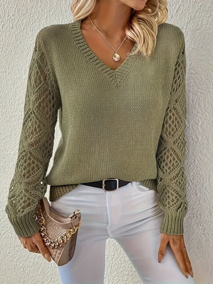 Women's Openwork Sleeve Ribbed V Neck Sweater