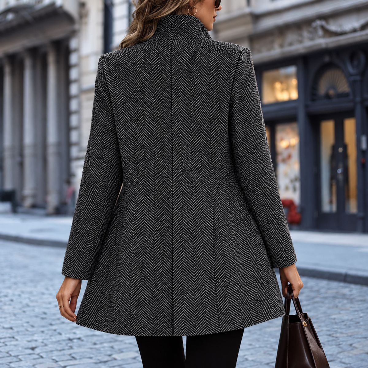 Women's Collarless Open Front Herringbone Coat