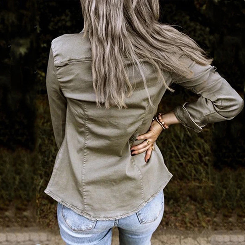 Women's Frayed Hem Washed Denim Jacket