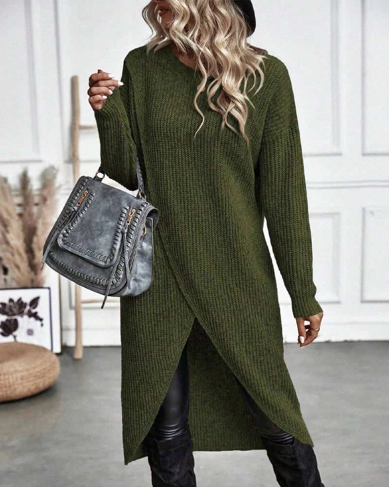 Women's Wrap Front Slit Midi Sweater Dress