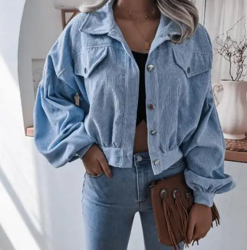 Women's Cropped Corduroy Balloon Sleeve Shacket