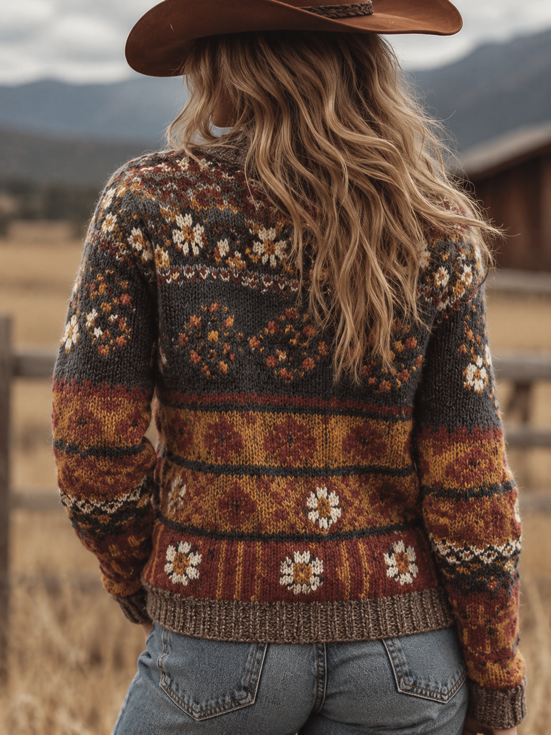 Women's Vintage Floral Fair Isle Cardigan Sweater