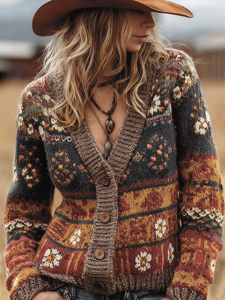 Women's Vintage Floral Fair Isle Cardigan Sweater