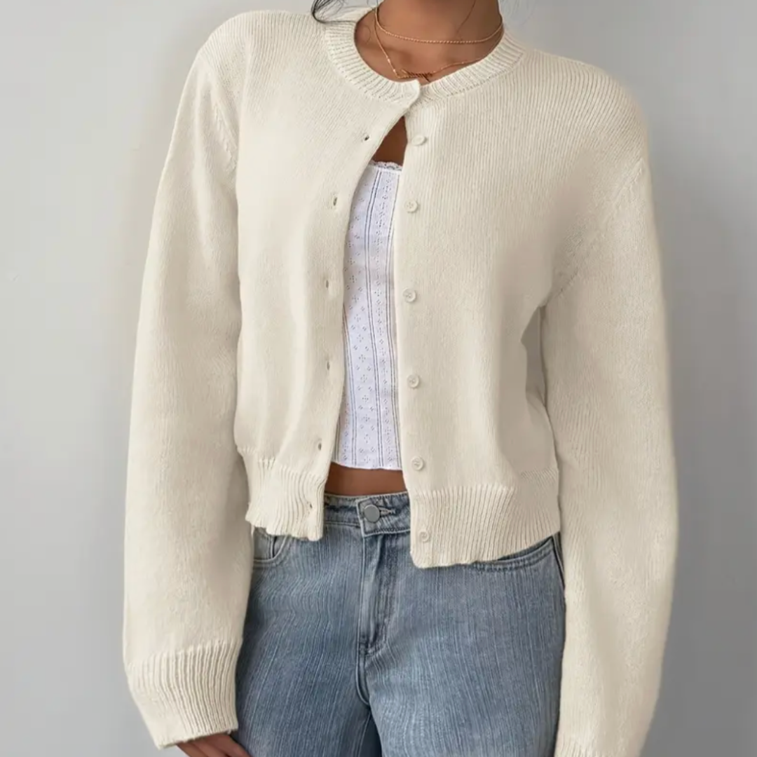 Women's Cropped Crew Neck Button Cardigan