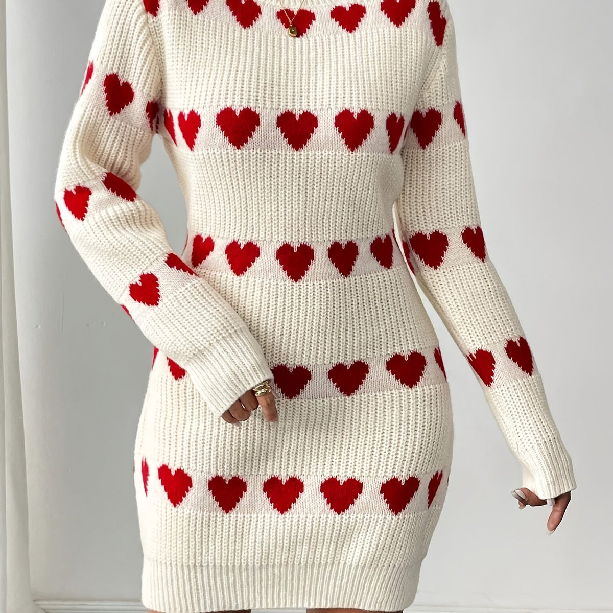 Women's White Heart Print Sweater Mini Dress