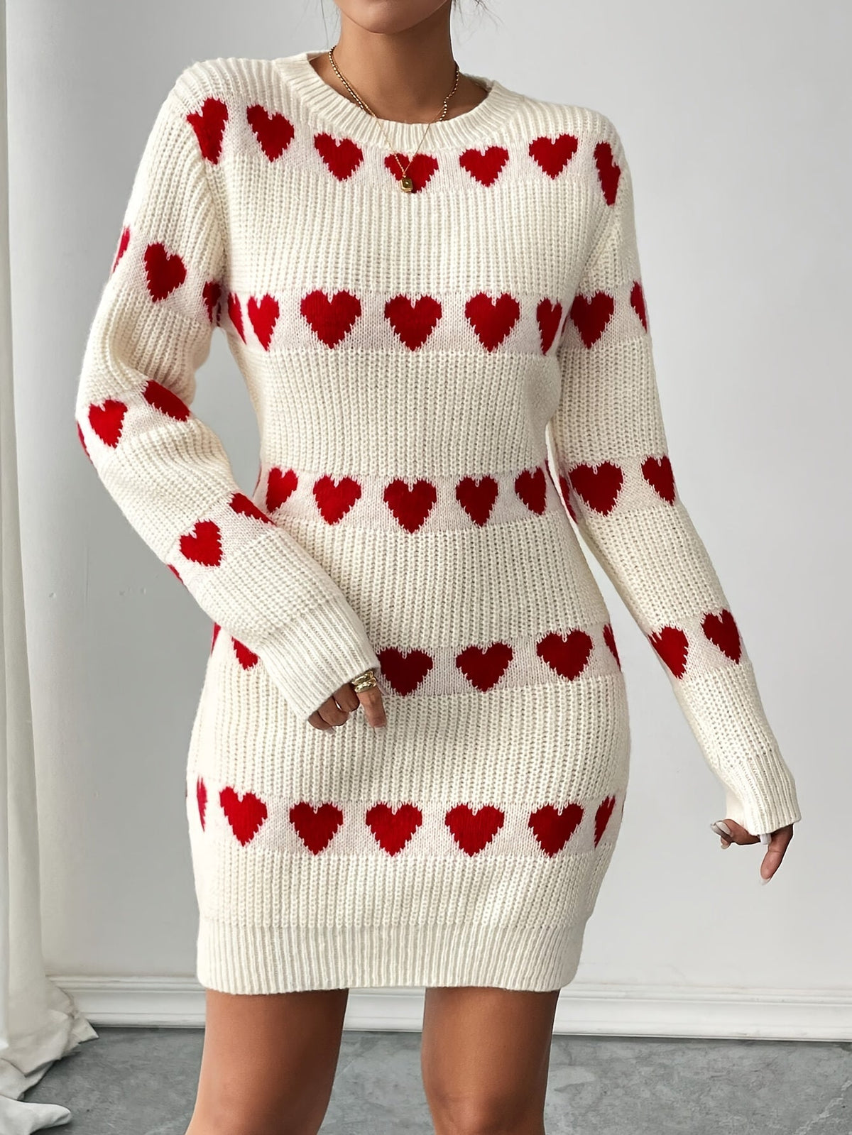 Women's White Heart Print Sweater Mini Dress