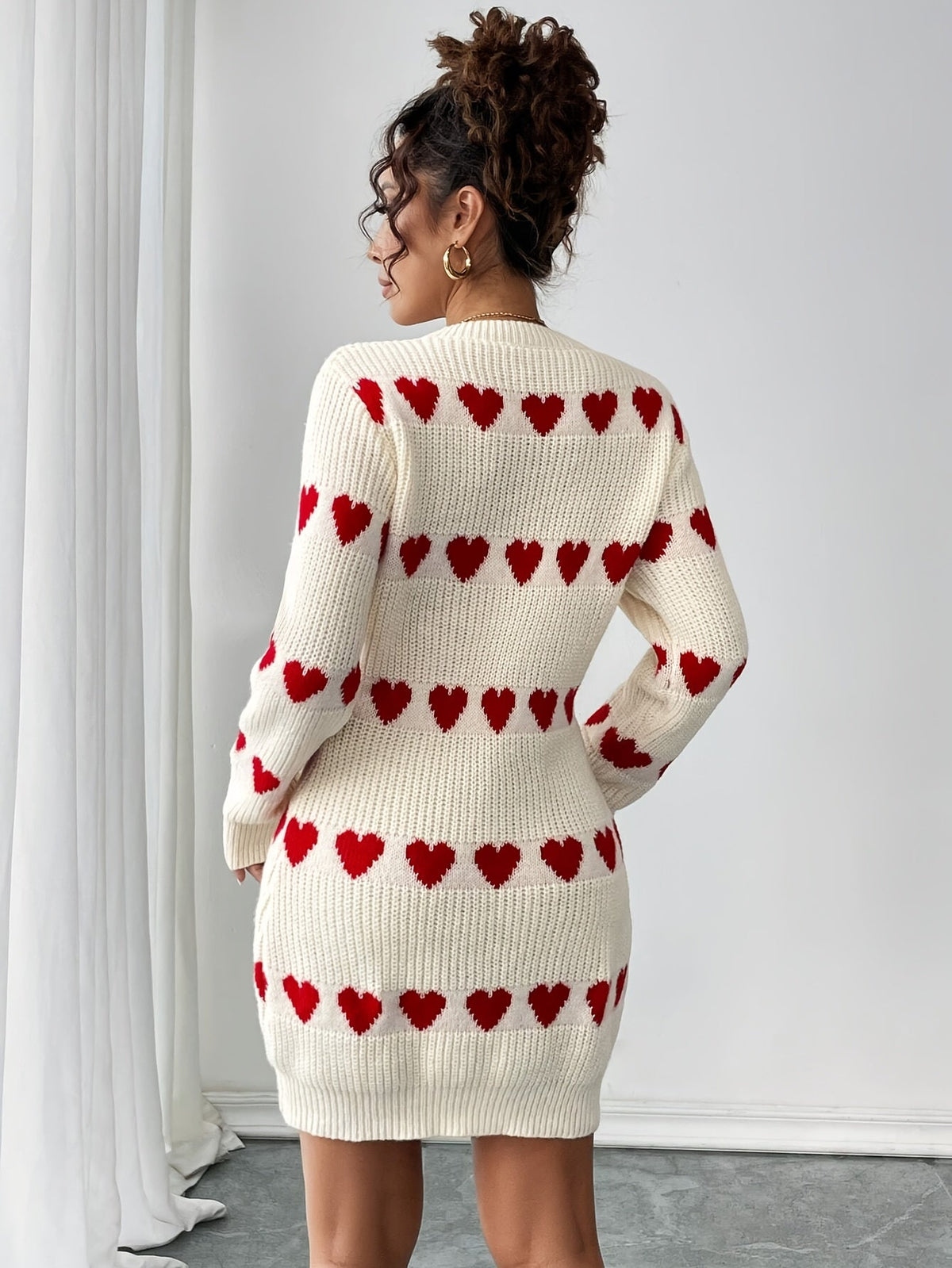 Women's White Heart Print Sweater Mini Dress