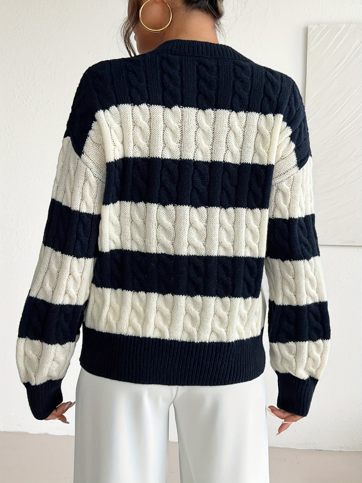 Women's Plus Size Navy Striped Cable Knit V Neck Sweater