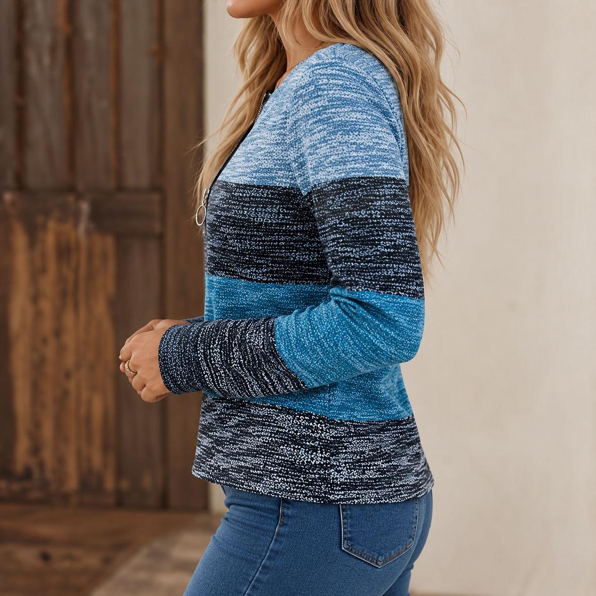 Women's Colorblock Striped Ring Zip Sweater