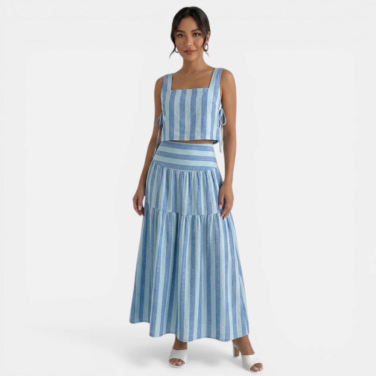 Women's Blue Striped A-Line Maxi Dress Set