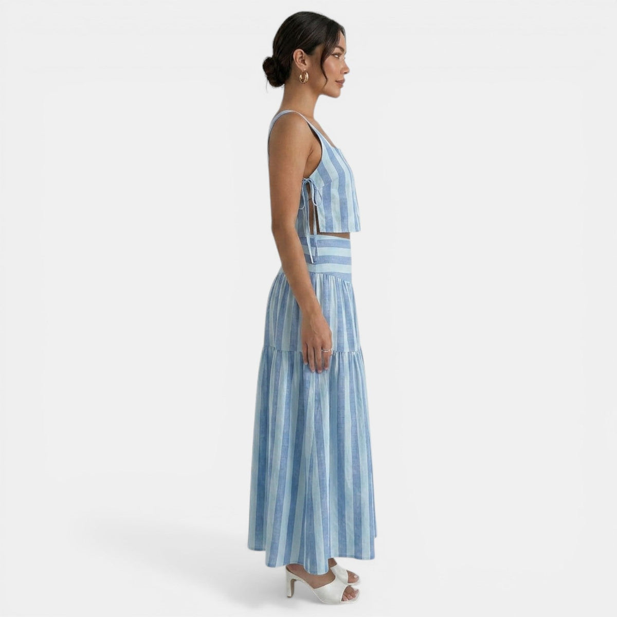 Women's Blue Striped A-Line Maxi Dress Set