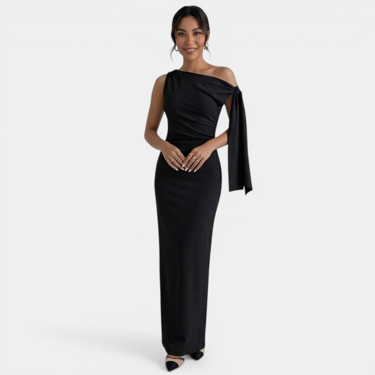Women's Fitted One Shoulder Bow Maxi Dress