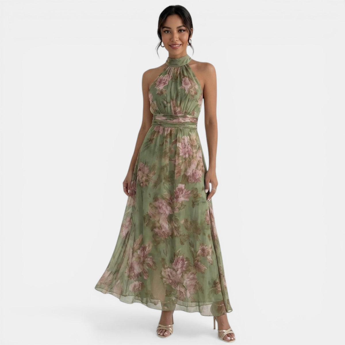 Women's Floral Cinched Waist Maxi Dress