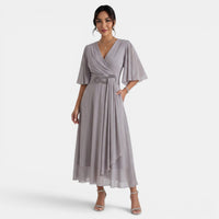 Women's Flowy Pleated V-Neck Midi Dress