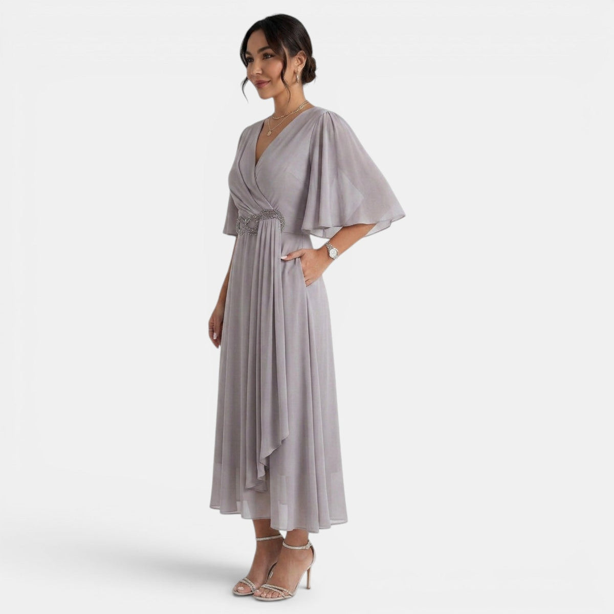 Women's Flowy Pleated V-Neck Midi Dress