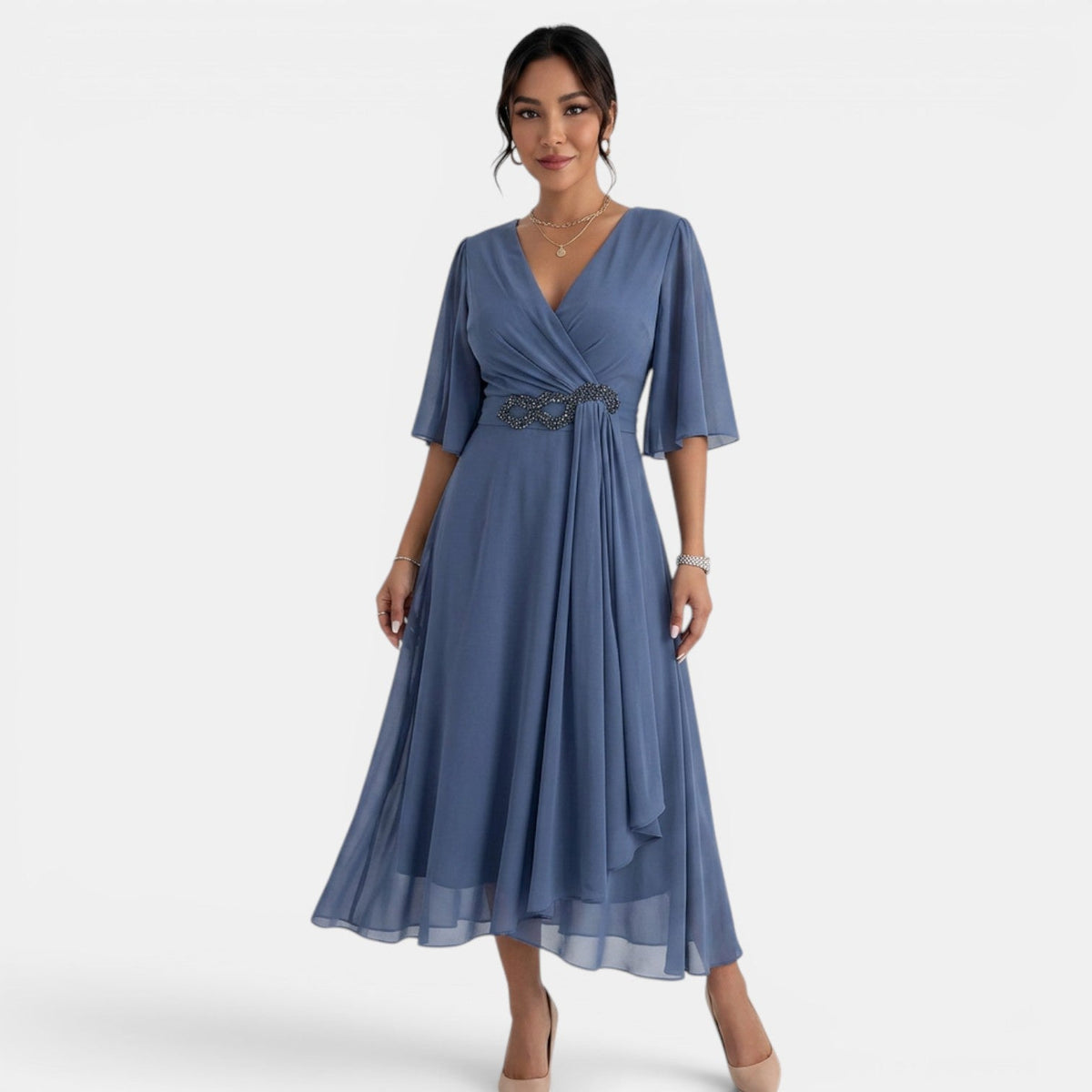 Women's Flowy Pleated V-Neck Midi Dress