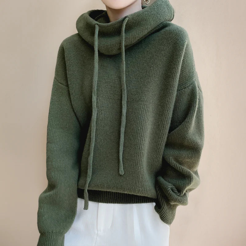 Women's Ribbed Knit Drawstring Hoodie Sweater
