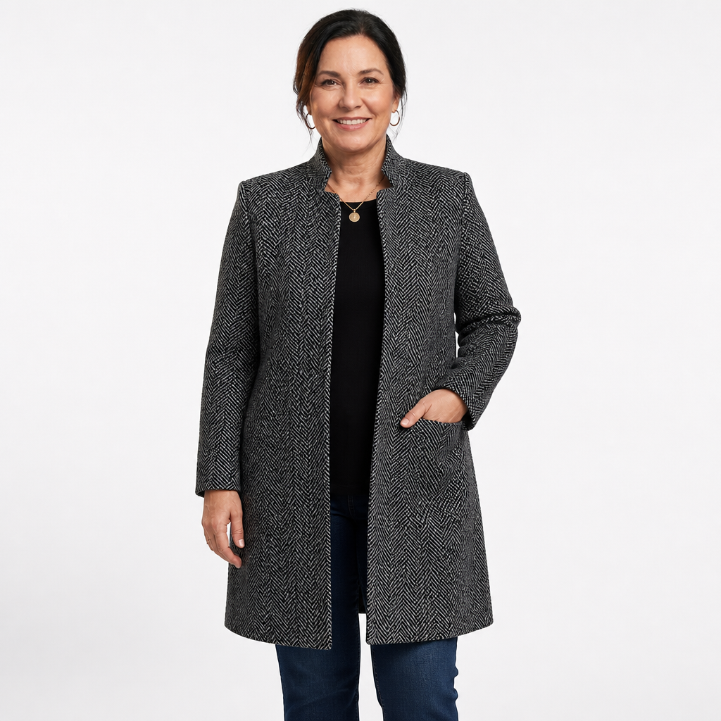 Women's Collarless Open Front Herringbone Coat - Black