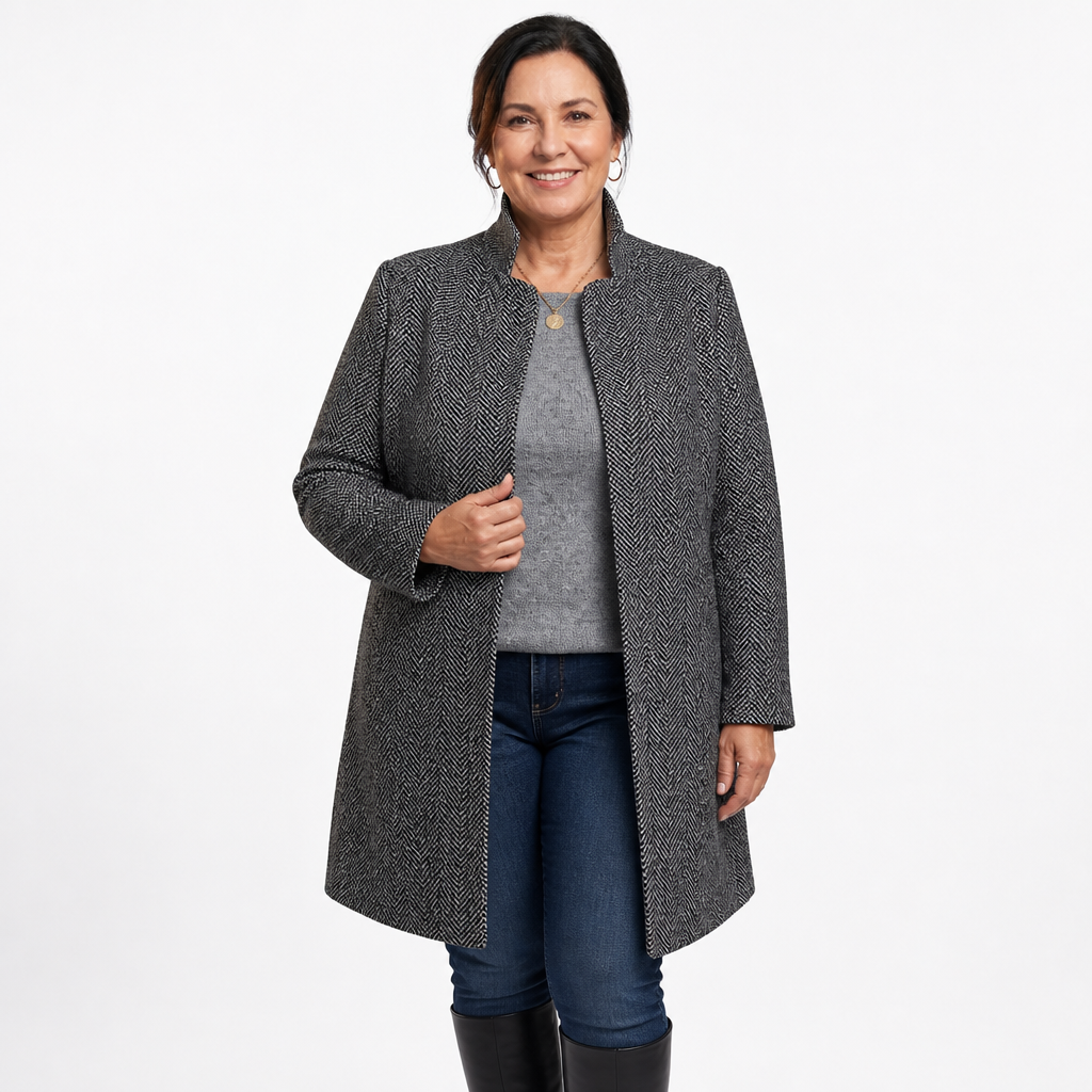 Women's Collarless Open Front Herringbone Coat - Gray