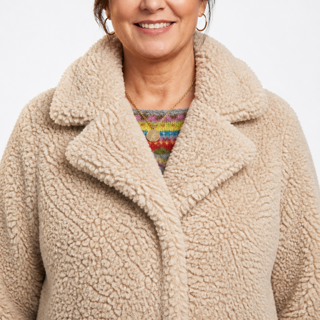 Women's Oversized Wide Lapel Teddy Bear Coat - Apricot detail