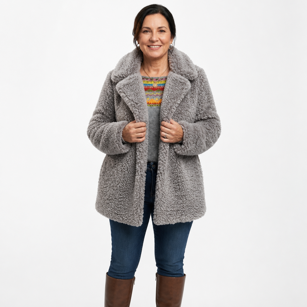 Women's Oversized Wide Lapel Teddy Bear Coat - Gray