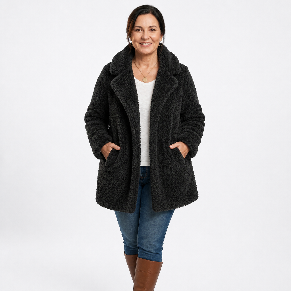 Women's Oversized Wide Lapel Teddy Bear Coat - Black