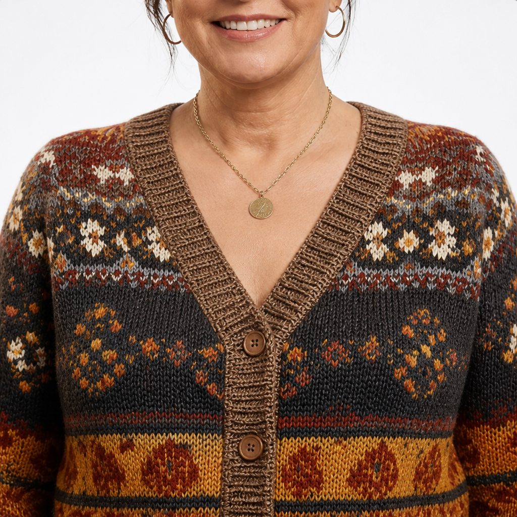 Women's Vintage Floral Fair Isle Cardigan Sweater - Brown detail