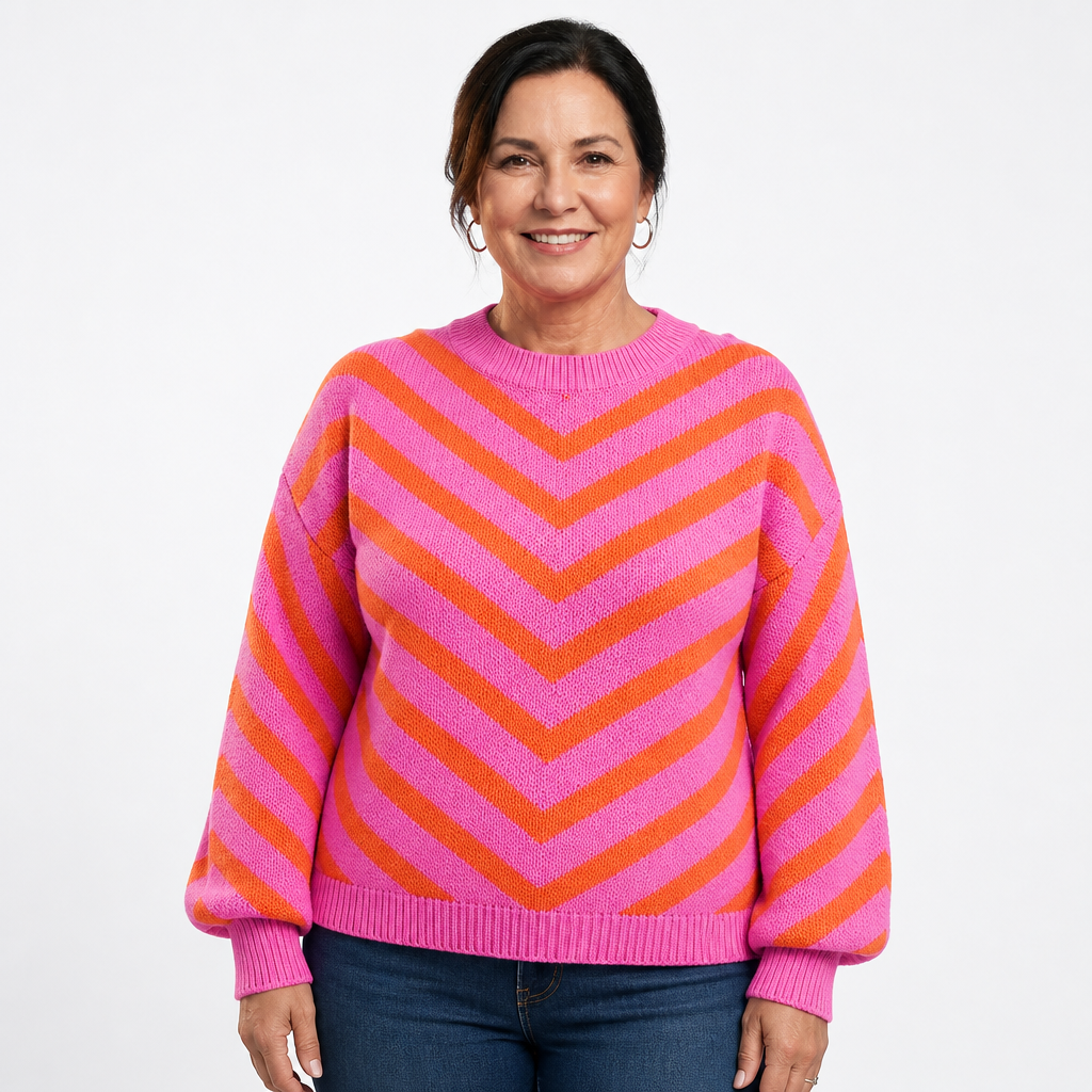Women's Chevron Striped Puff Sleeve Sweater - Pink