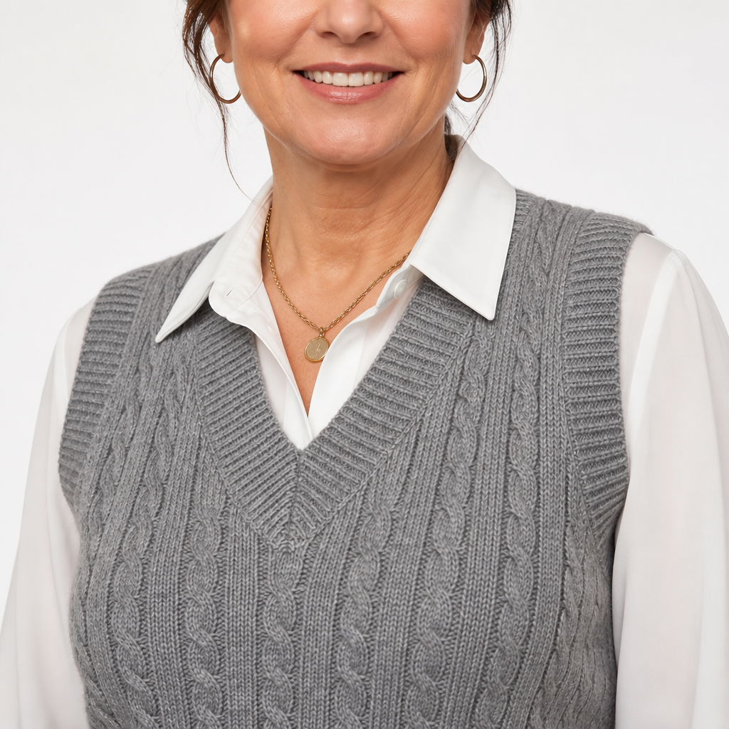 Women's Gray Cropped V Neck Cable Sweater Vest - Gray detail