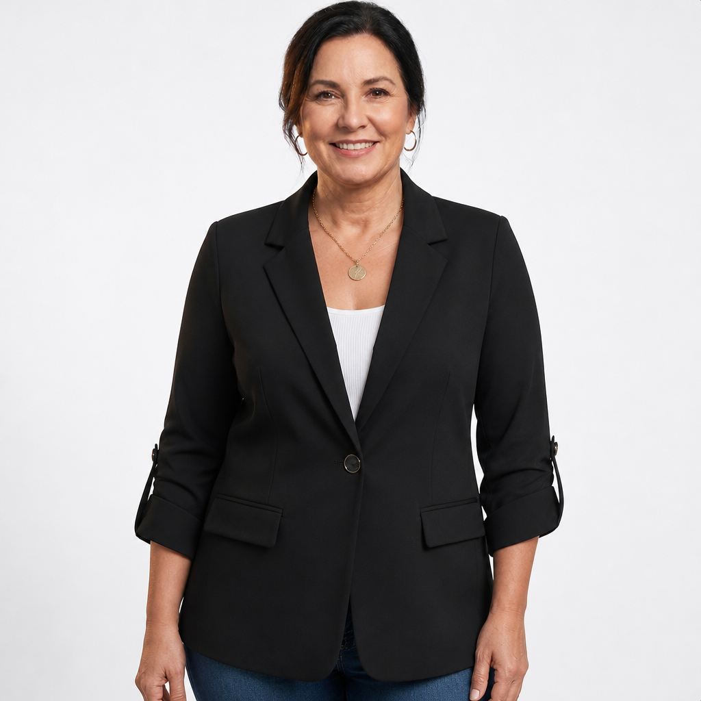 Women's Ruched Sleeve Single Button Blazer - Black