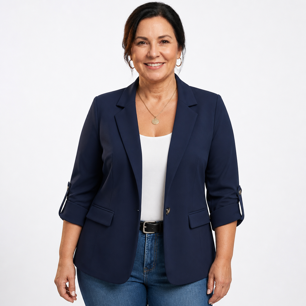 Women's Ruched Sleeve Single Button Blazer - Dark Blue