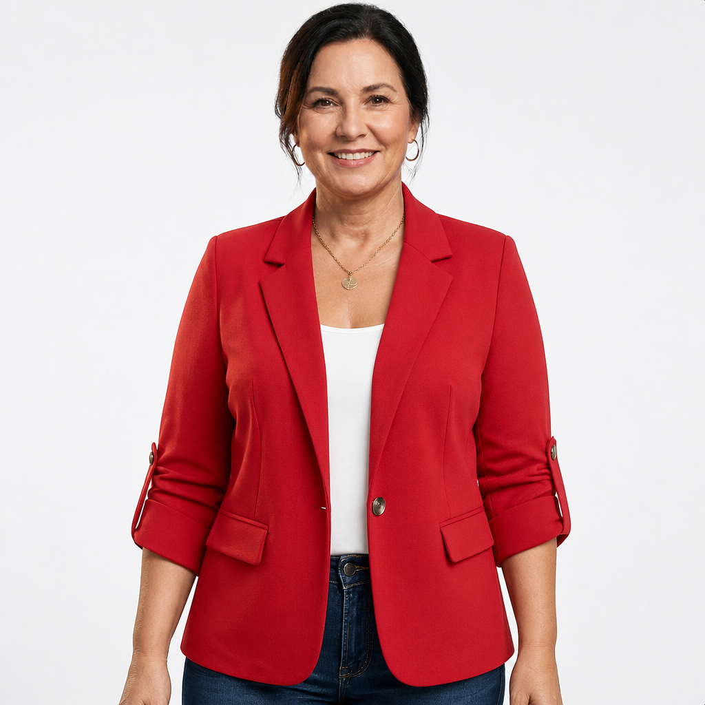 Women's Ruched Sleeve Single Button Blazer - Red