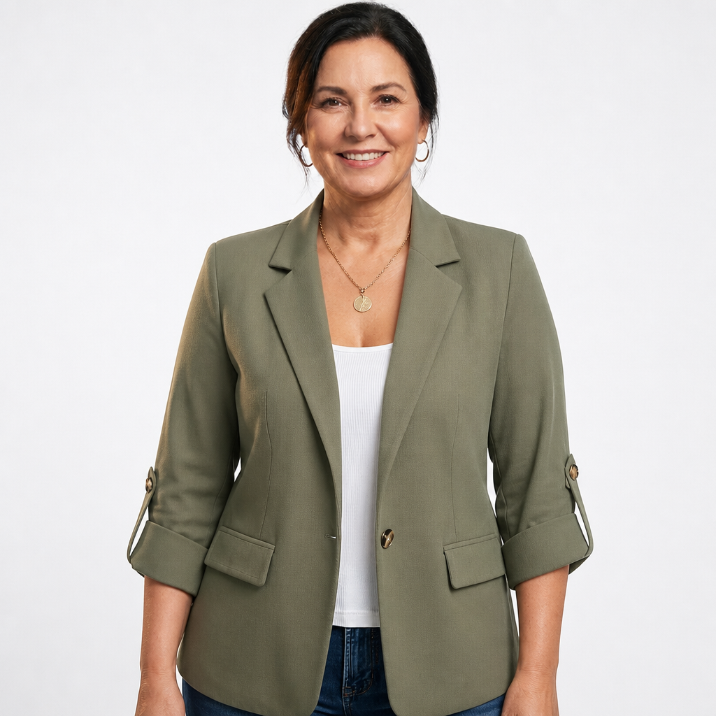 Women's Ruched Sleeve Single Button Blazer - Khaki